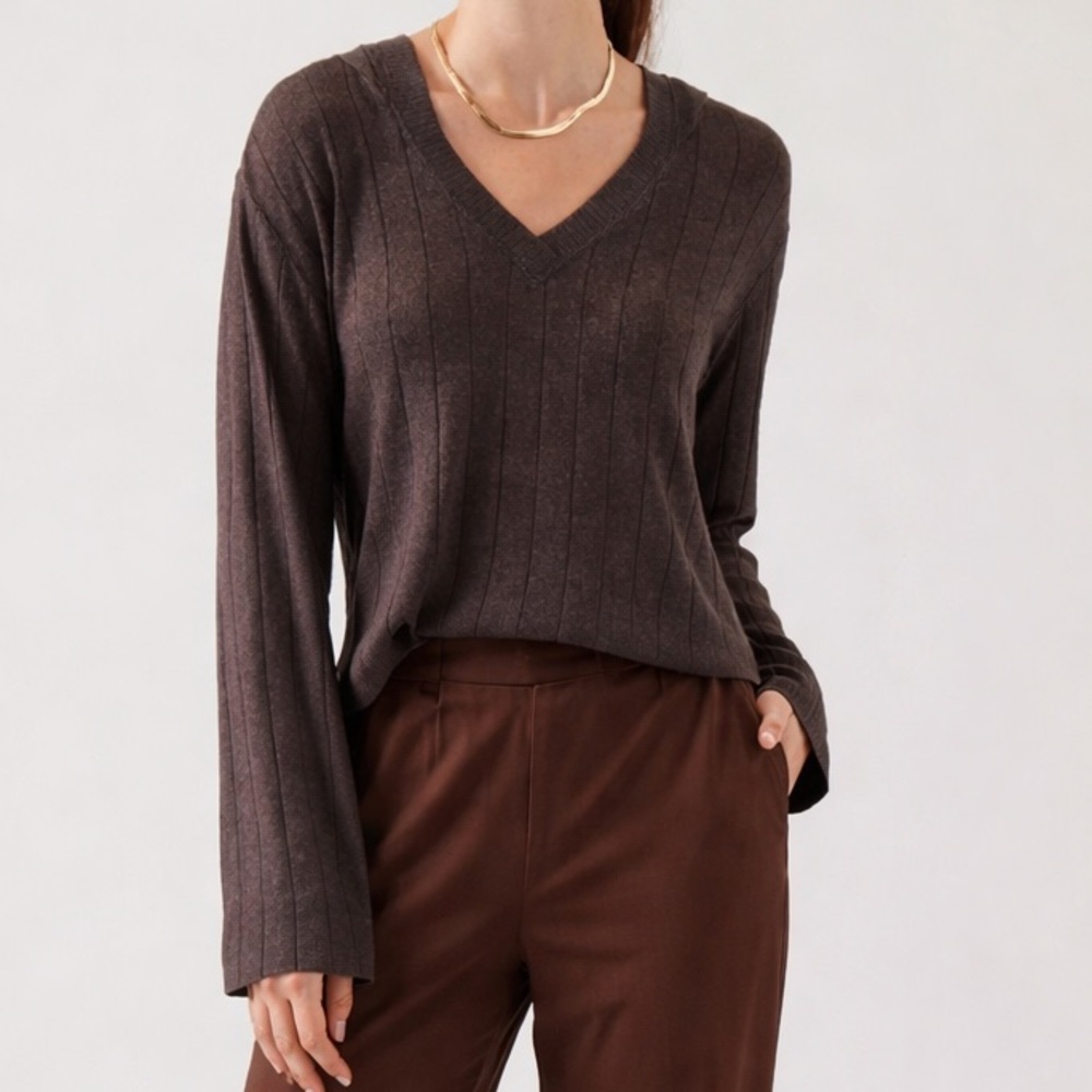 Athleta V-Neck Hooded Lightweight Longsleeve Sweater Mahogany Heather Brown Sz S